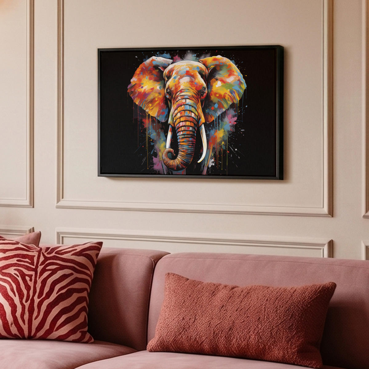 LEINWAND Bilder mit Rahmen - Elefant - Graffiti - Schwarz - Tiere - Farben - 60x40 - Schwarz, Textil (60/40cm) - MuchoWow