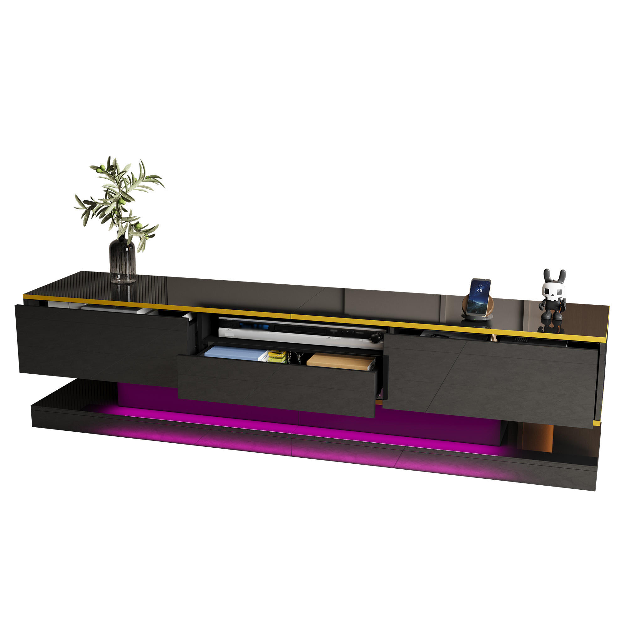 TV STOLEK černý a zlatý, 3 zásuvky, LED osvětlení, do obývacího pokoje, 180×38×45 cm - černá, kov/kompozitní dřevo (180/45/38cm) - STILVORA