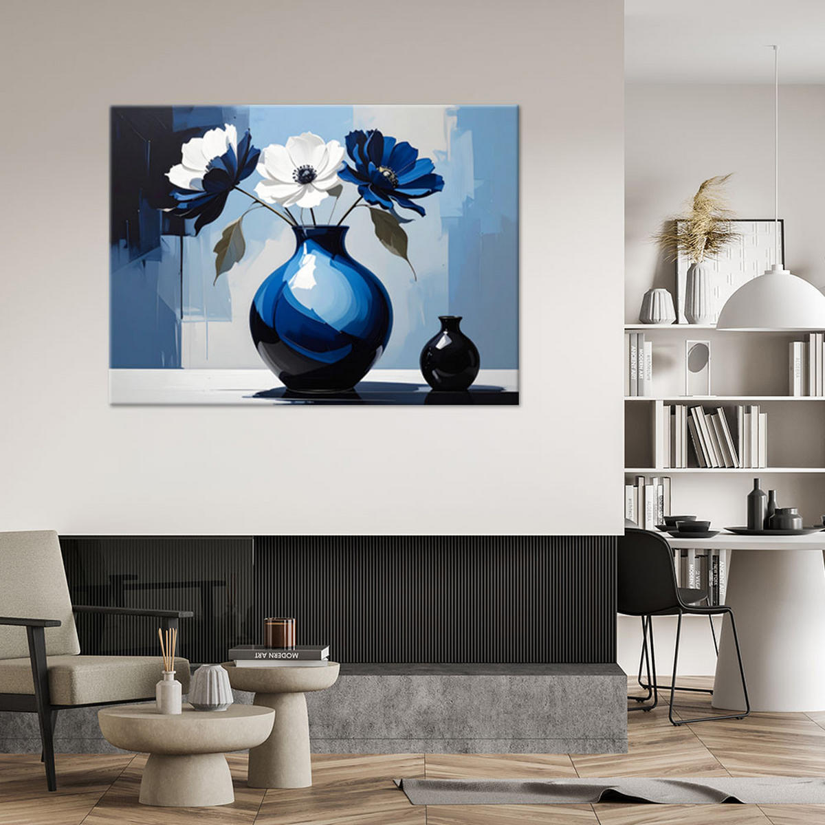BILD auf Leinwand, Weiße Blumen in einer blauen Vase - Blau, Textil (45/30cm) - Feeby
