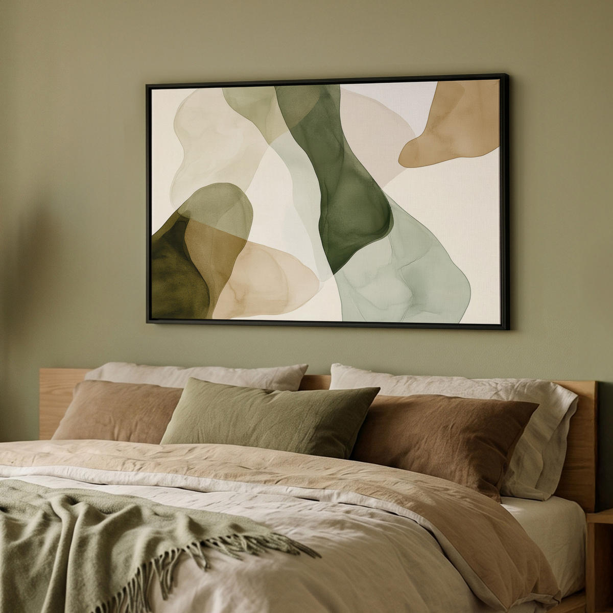LEINWAND Bilder mit Rahmen - Japandi - Abstrakt - Grün - 90x60 - Salbeigrün, Textil (90/60cm) - MuchoWow