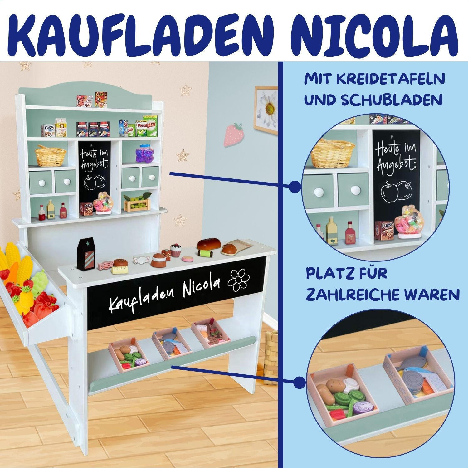KAUFLADEN NICOLA Grün aus Holz mit Theke - Grün, Holzwerkstoff (74/108/81cm) - Coemo
