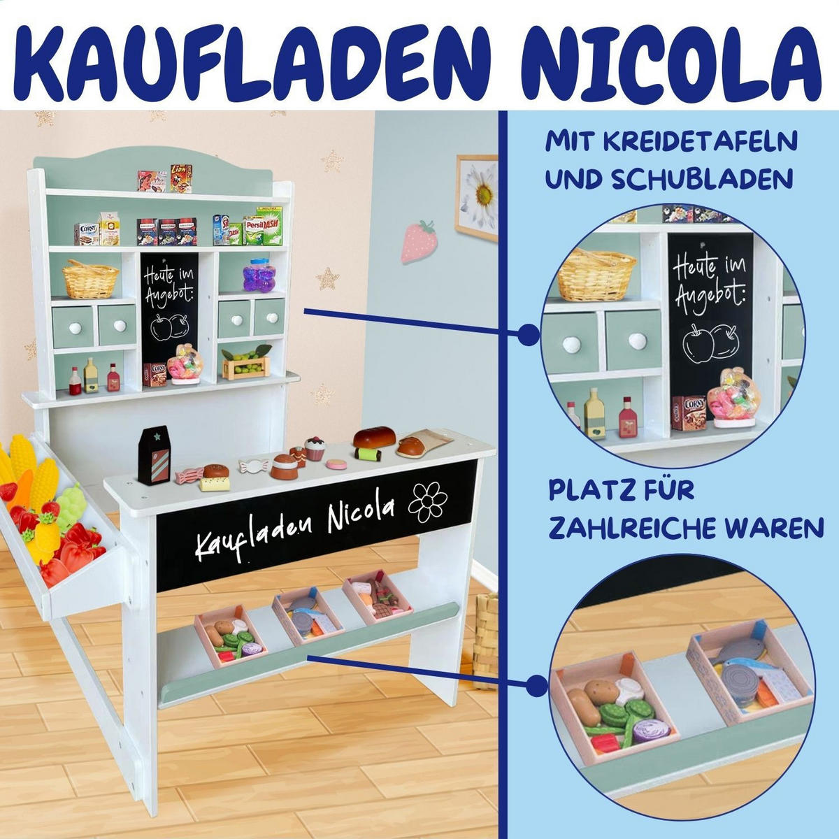 KAUFLADEN NICOLA Grün aus Holz mit Theke - Grün, Holzwerkstoff (74/108/81cm) - Coemo