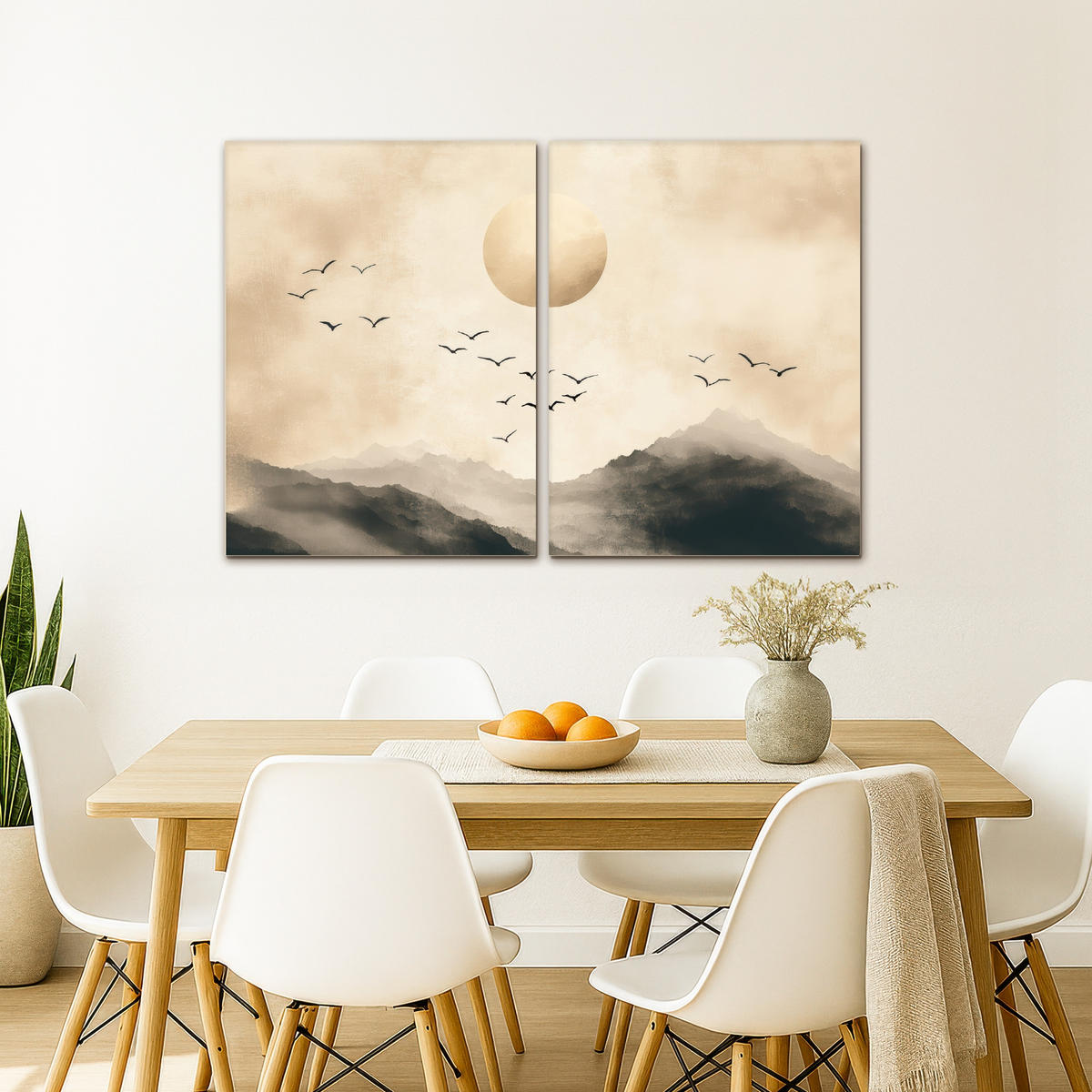 LEINWANDBILD 2er Set Landschaft - Japandi - Beige - Vögel 120x80 cm - Beige, Textil (120/80cm) - MuchoWow
