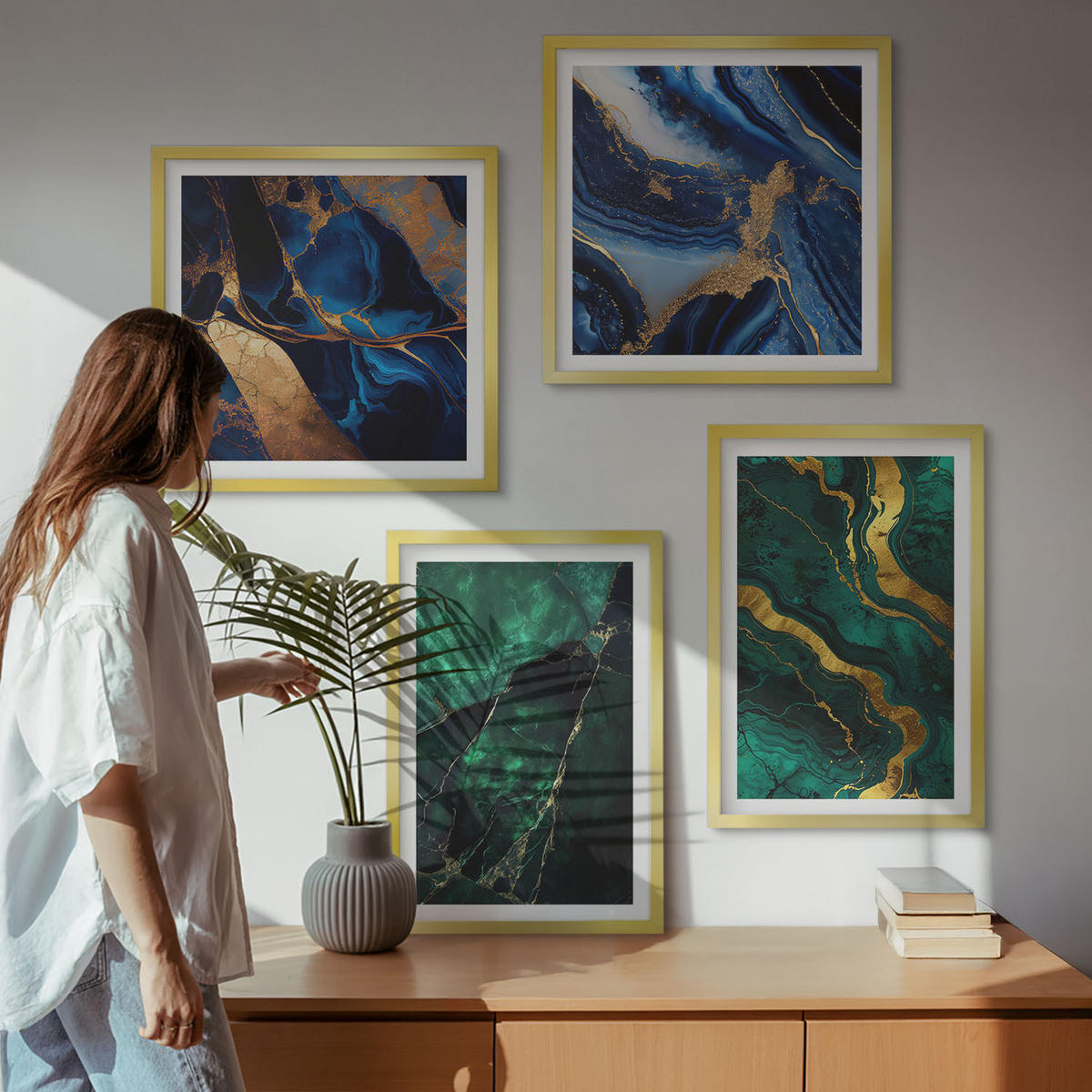 WANDBILDER 4er Set - 50x50 cm & 40x60 cm Goldrahmen - Elegante Muster auf Steinen - Goldfarben, Kunststoff (50/50cm) - ArtPrintCave