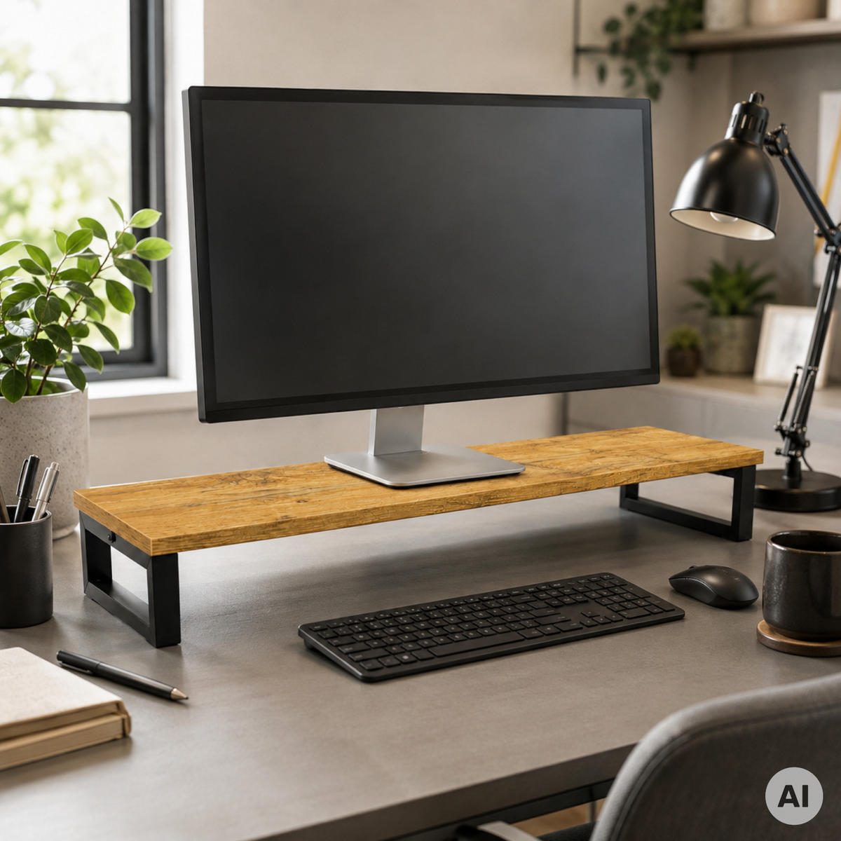 MONITORSTÄNDER MDF Metall Eiche Schwarz 90 x 20 x 10 cm erhöhte Ablage - Eichefarben, Holzwerkstoff (20/90/10cm) - Begryf