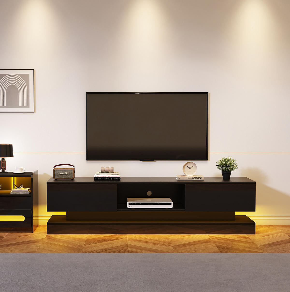 TV-LOWBOARD mit LED 160 x 35 x 40,5 cm Schwarz Hochglanz - Schwarz, Holzwerkstoff (35/40.5/160cm) - Beauniv