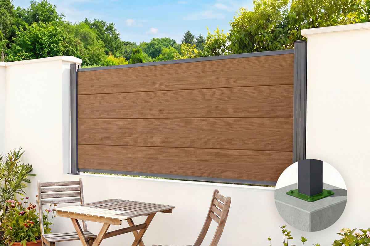 VERBUNDZAUN 2 m STOCKHORN H. 90 cm auf Fundamentplatte, Teak - Braun, Holzwerkstoff (200/90cm) - Casanoov