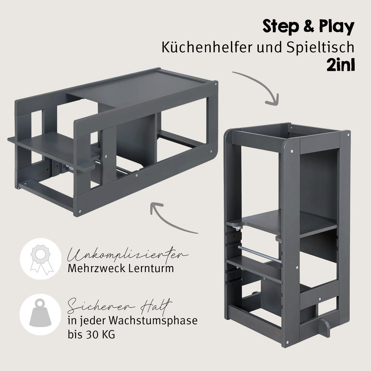 LERNTURM Step & Play 2in1 - Anthrazit, Holzwerkstoff/Metall (50.5/85/40cm) - Roba