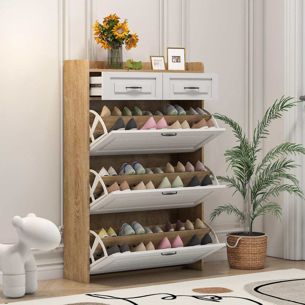 SCHUHSCHRANK mit 3 Klappen und 2 Schubladen 80 x 23,5 x 131 cm Weiß Natur - Braun, Holzwerkstoff (23.5/131/80cm) - Beauniv