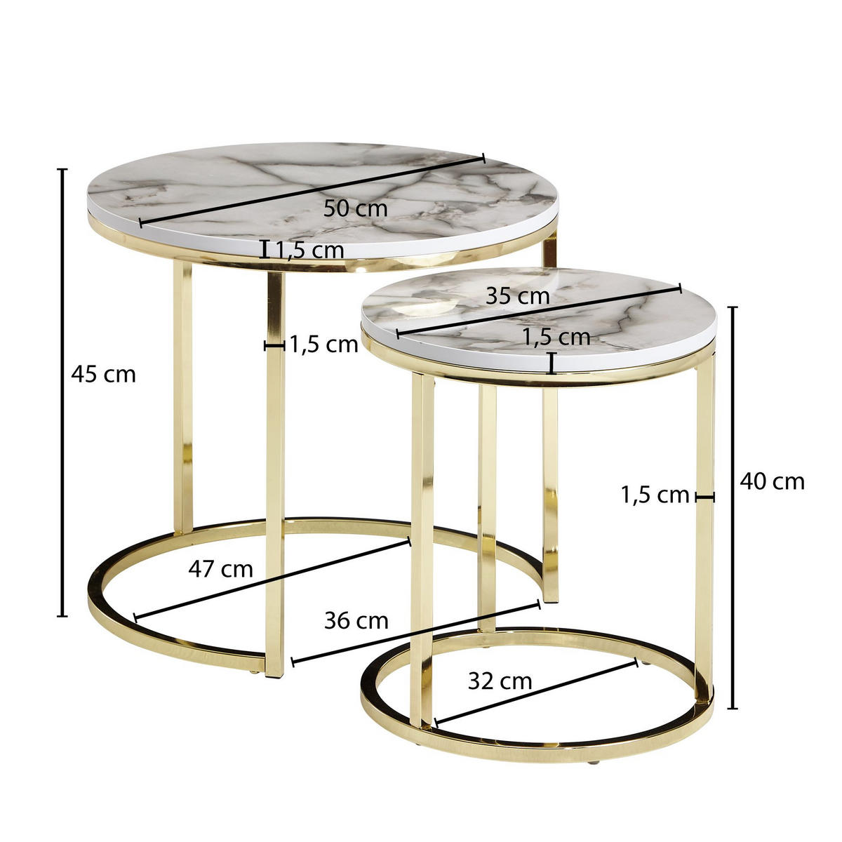 BEISTELLTISCH 2er Set Marmoroptik Metall Modern, Weiß 50x50x45 cm - Goldfarben/Weiß, Holz/Metall (50/50/45cm) - KADIMA DESIGN