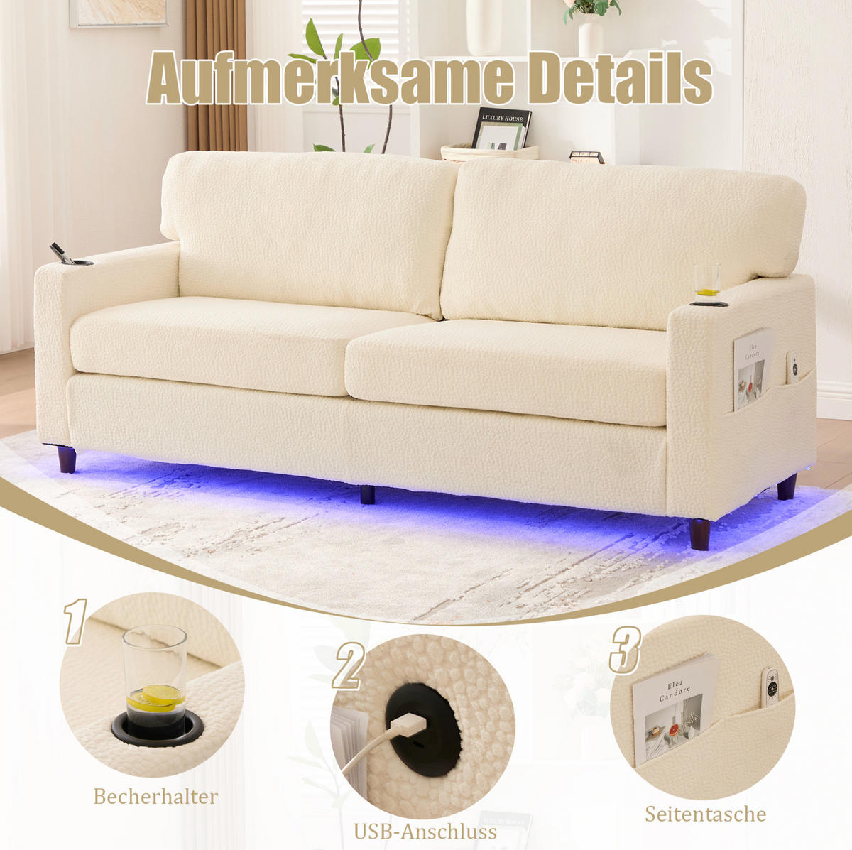 ZWEISITZER Sofa Chenille mit USB-Anschluss und LED-Licht 203/77,5/86 cm Beige - Beige, Textil (77.5/86/203cm) - Redom