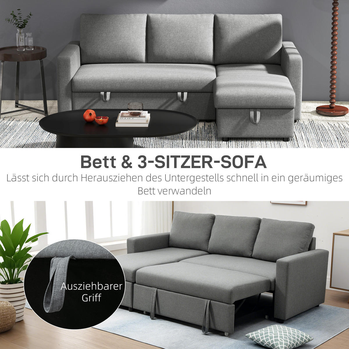 ECKSOFA mit Schlaffunktion Stauraum Eckcouch mit Chaiselongue Schlafsofa L-Form - Hellgrau/Schwarz, Kunststoff/Textil (146/211.5cm) - HOMCOM