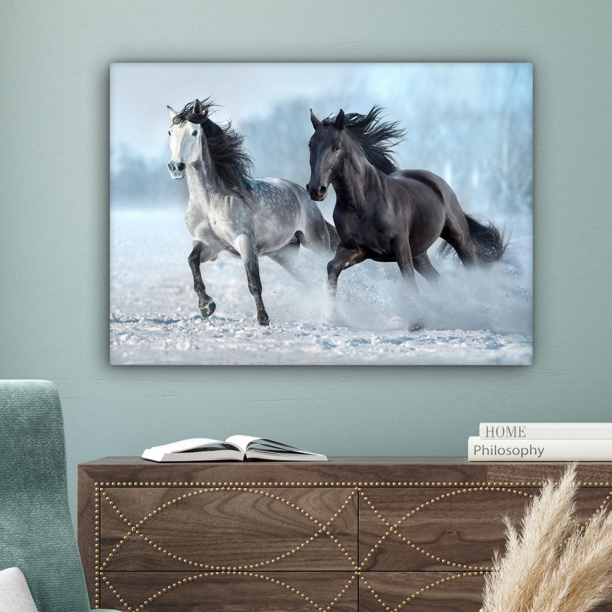 LEINWANDBILD Pferde - Winter - Tiere - Natur - Schnee Wandbilder 80x60 cm - Anthrazit, Textil (80/60cm) - MuchoWow