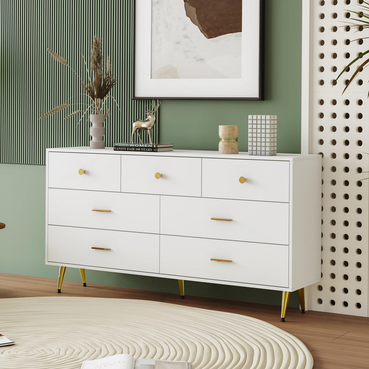 SIDEBOARD Weiß Gold 7 Schubladen 140x35x76cm Hochglanz Stauraum - Weiß, Holzwerkstoff (35/76/140cm) - FLIEKS