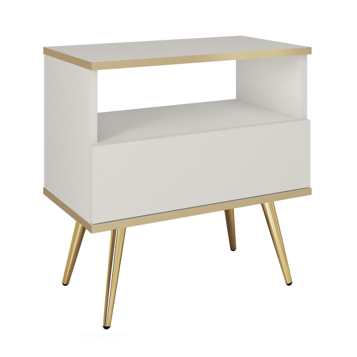 NACHTTISCH BANFF STO1-1S Goldene Metallbeine, Weiß - Weiß, Holzwerkstoff/Kunststoff (54/59/39cm) - Komodee