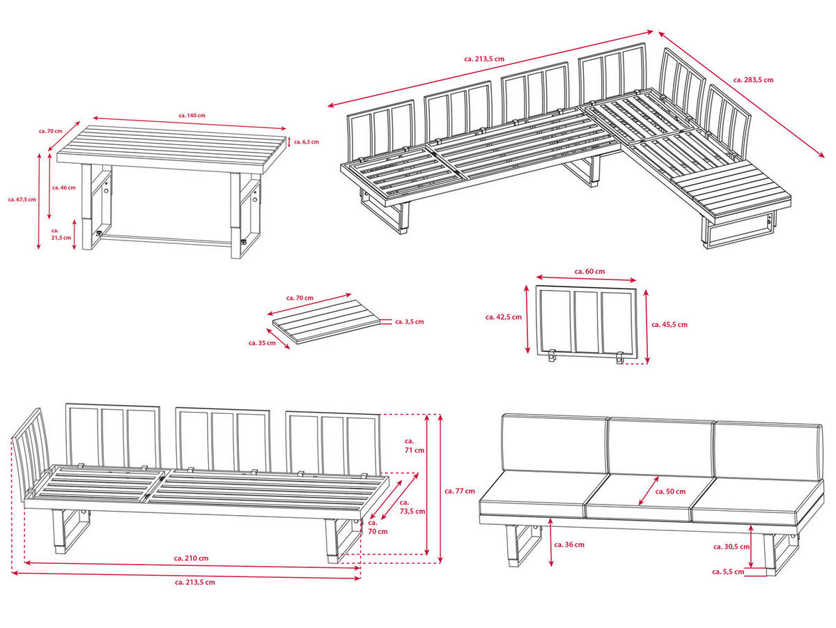 GARTENLOUNGE-SET Largo Grau Aluminium höhenverstellbarer Tisch für 6 Personen - Grau, Kunststoff - bellavista - Home & Garden