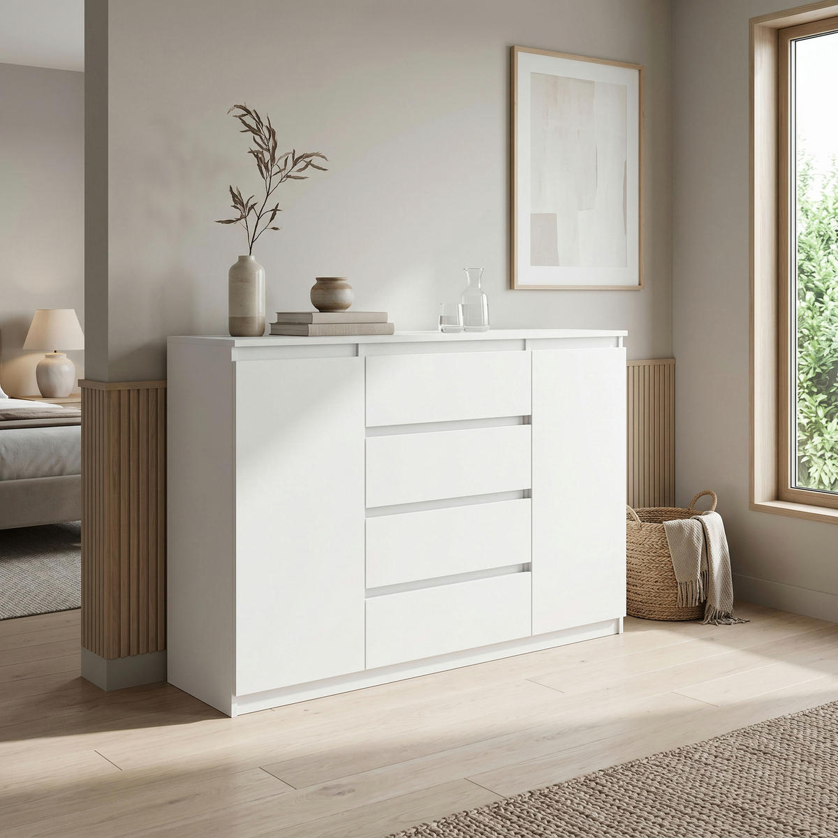KOMMODE NUDO 120/101,5/39cm mit 4 Schubladen 2 Türen Weiß - Weiß, Holzwerkstoff (120/101.5/39cm) - MASSENO