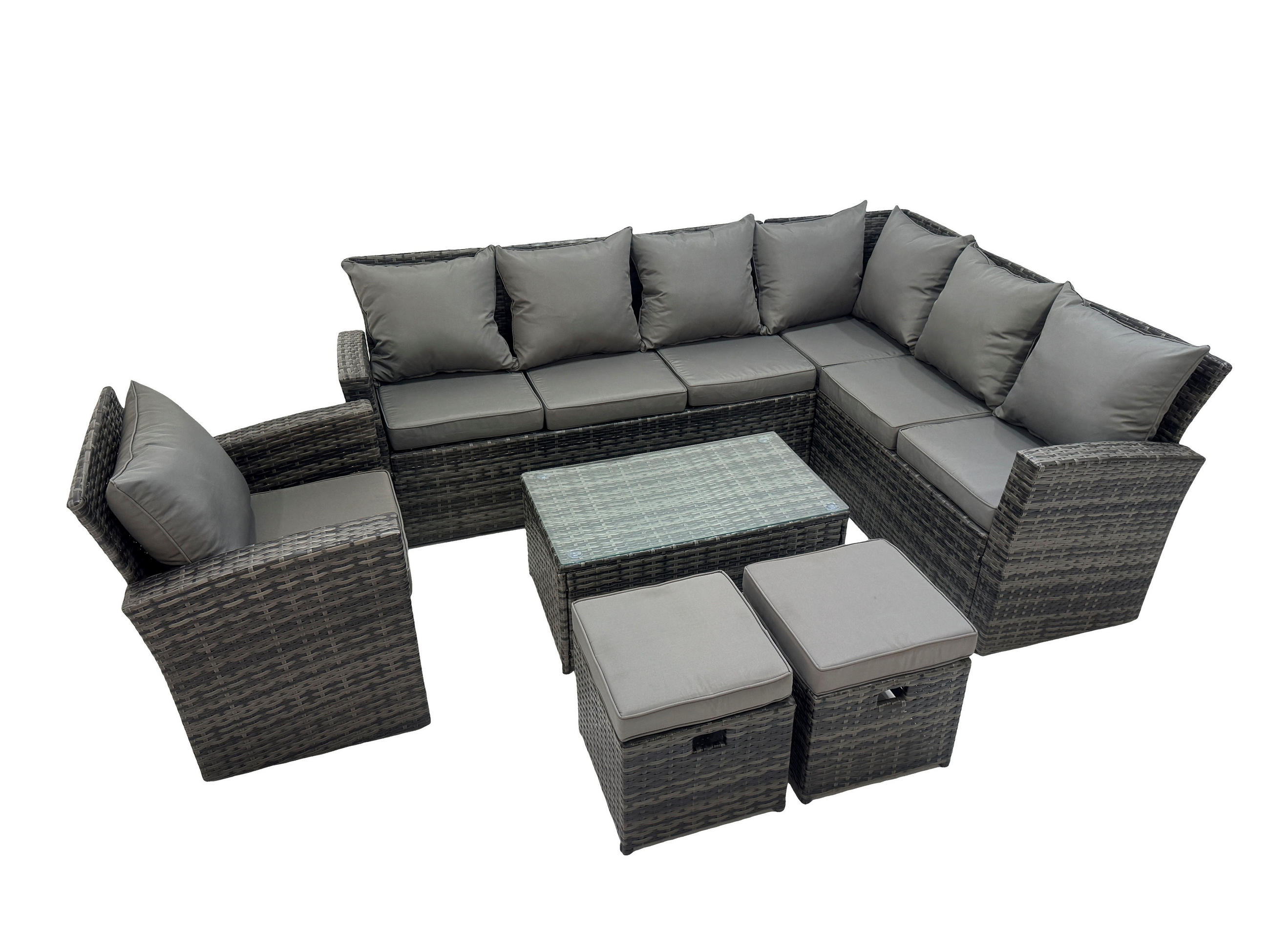 LOUNGESOFA-SET Polyrattan Dunkelgrau 9-Sitzer - Dunkelgrau/Grau, Glas/Kunststoff - Fimous