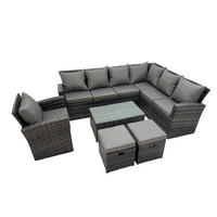 LOUNGESOFA-SET Polyrattan Dunkelgrau 9-Sitzer - Dunkelgrau/Grau, Glas/Kunststoff - Fimous