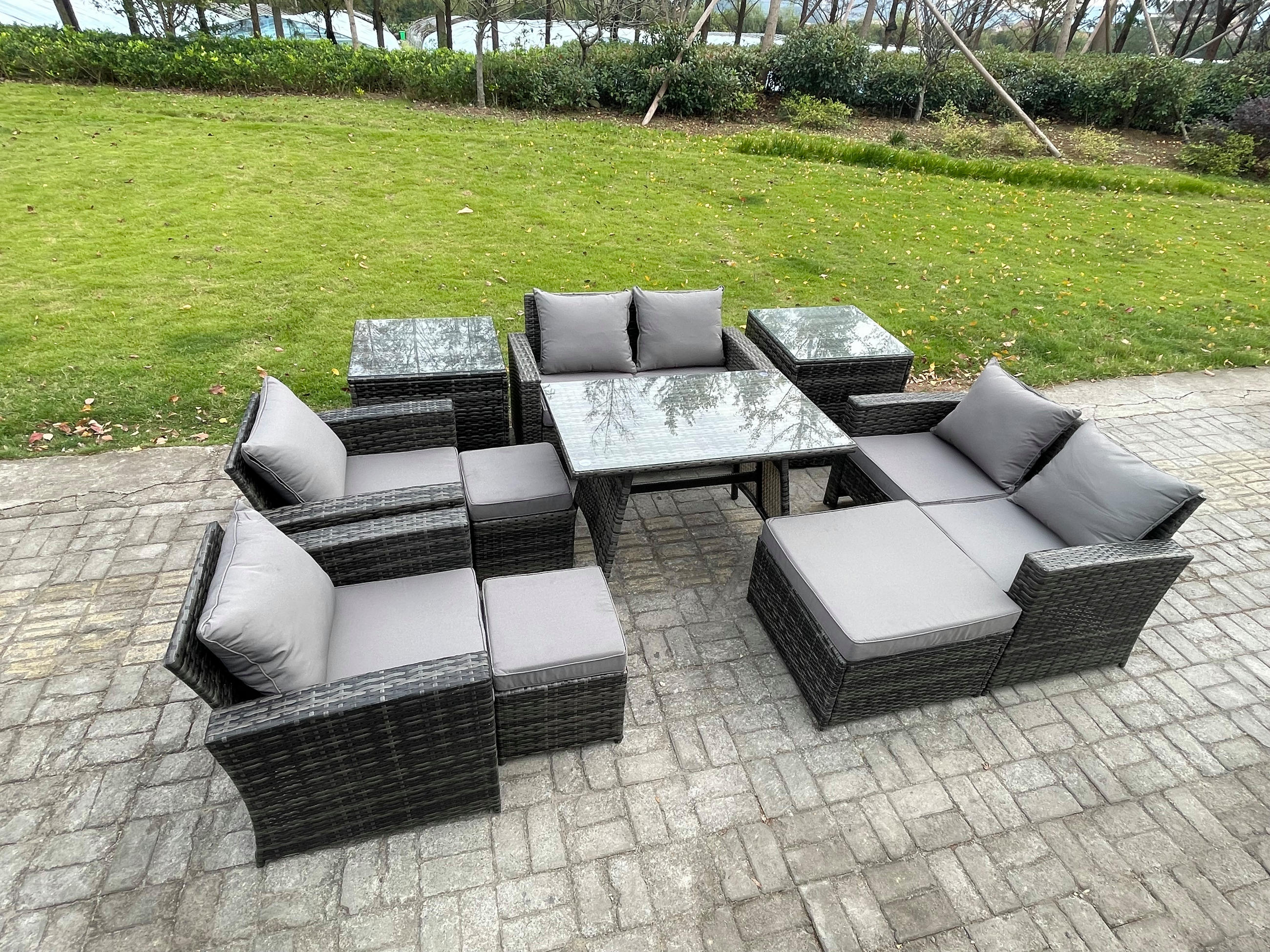 GARTENMÖBELSET mit ESSTISCH,HOCHLEHNER-SOFA Polyrattan Dunkelgrauer Mix 9-Sitzer - Dunkelgrau/Grau, Glas/Kunststoff - Fimous