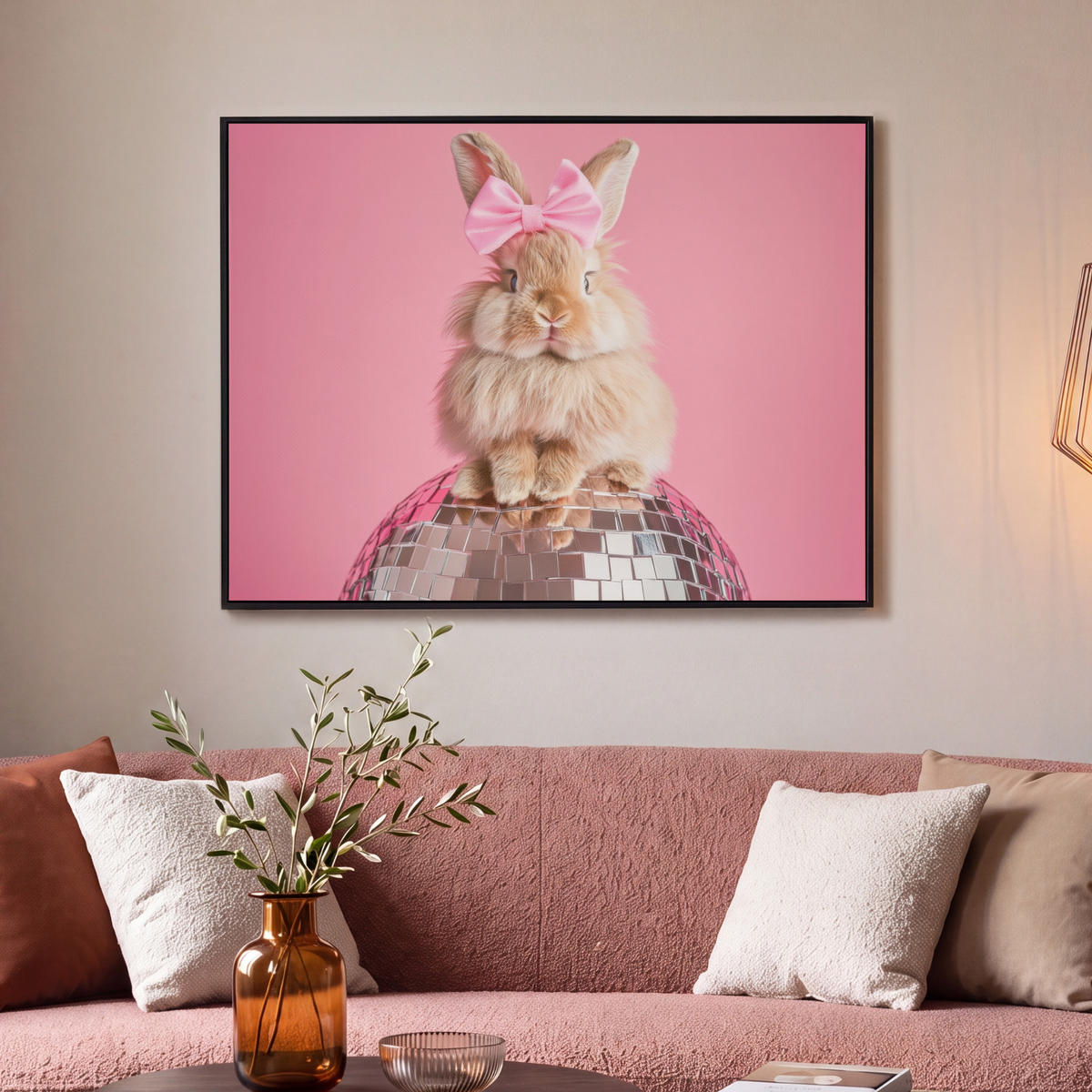 LEINWAND Bilder mit Rahmen - Schleife - Discoball - Kaninchen - 100x70 - Pink, Textil (100/70cm) - MuchoWow
