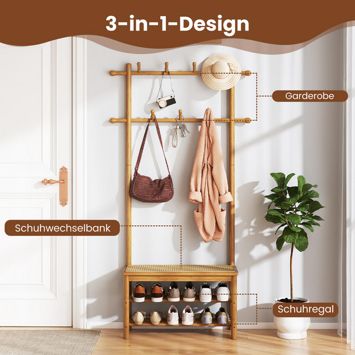GARDEROBENSTÄNDER mit Schuhbank natur - Naturfarben, Naturmaterialien (71/169.5/30cm) - COSTWAY