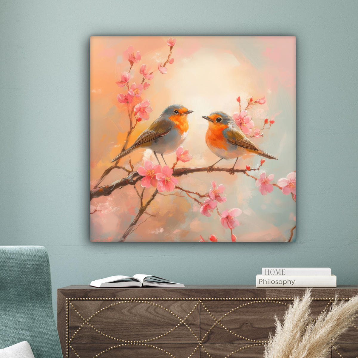 LEINWANDBILD Rotkehlchen - Zierpflanze - Blütenzweig 90x90 cm - Hellrosa, Textil (90/90cm) - MuchoWow