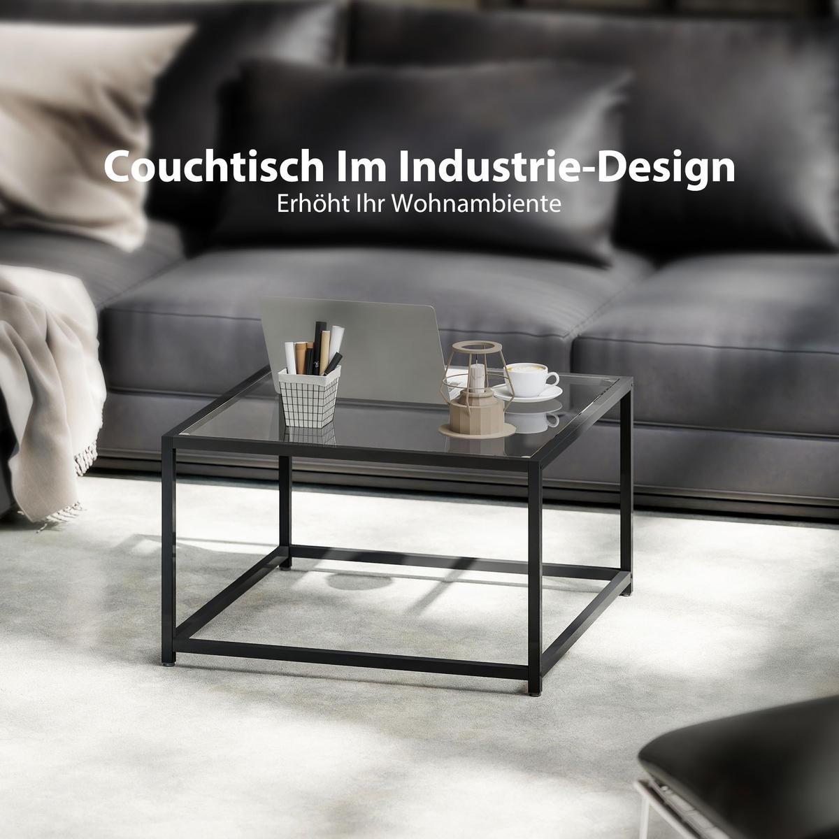 BEISTELLTISCH Quadratisch Nachttisch mit Hartglas-Tischplatte, Couchtisch - Schwarz, Metall (68/68/39cm) - HOMCOM