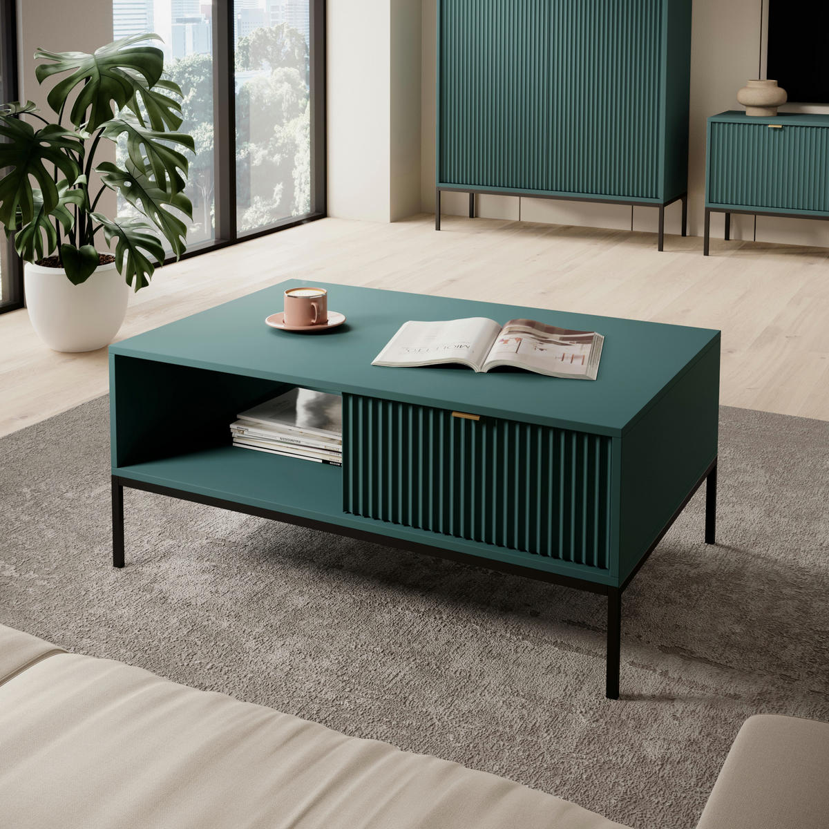 COUCHTISCH NANAIMO STO1-2S Profilierte Fronten, Grün - Grün, Holzwerkstoff/Kunststoff (68/104/48cm) - Komodee