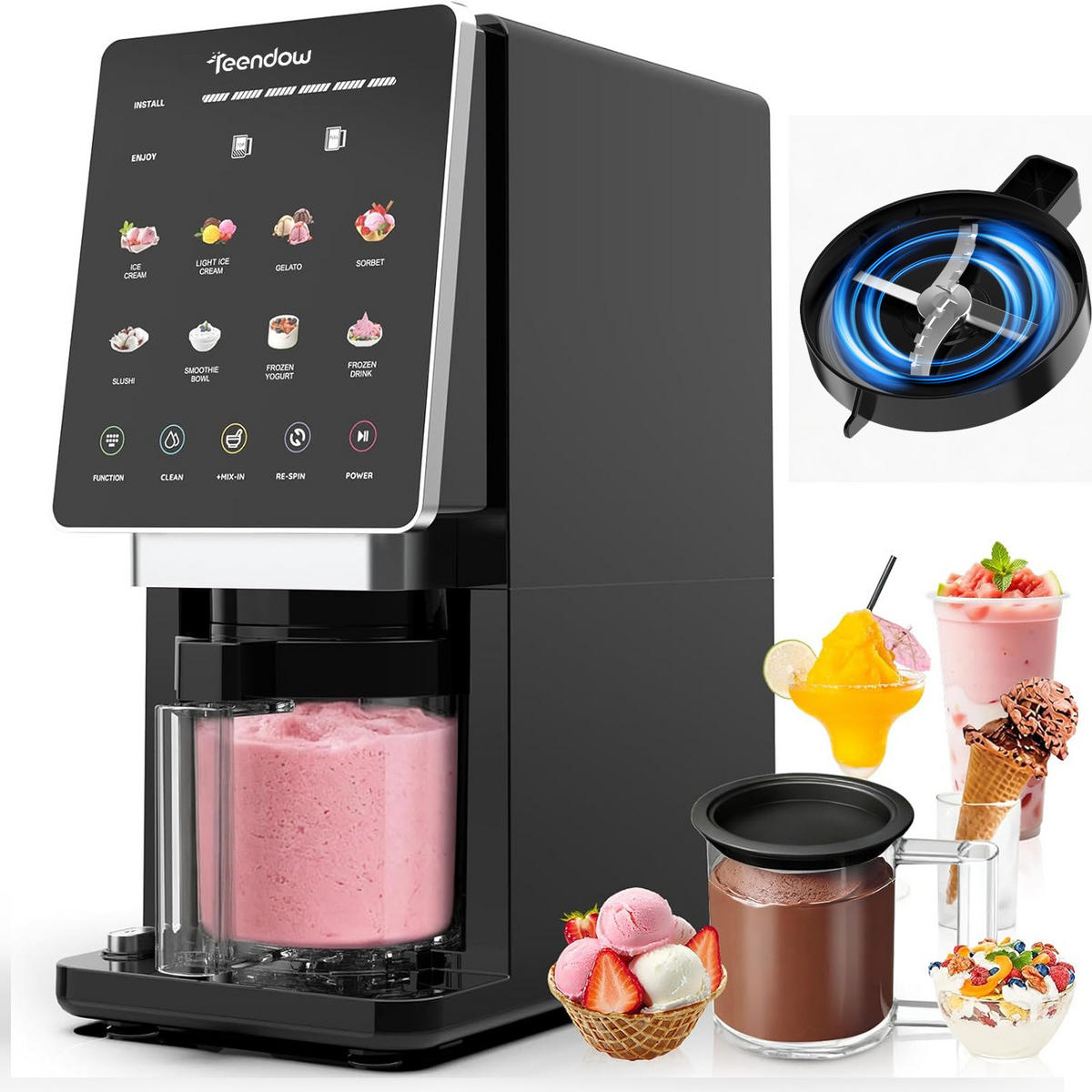 EISMASCHINE 10in1 Weiß 650 ml mit 3 Bechern Re-Spin Touchscreen - Schwarz, Kunststoff (15.7/37.6/33.5cm)