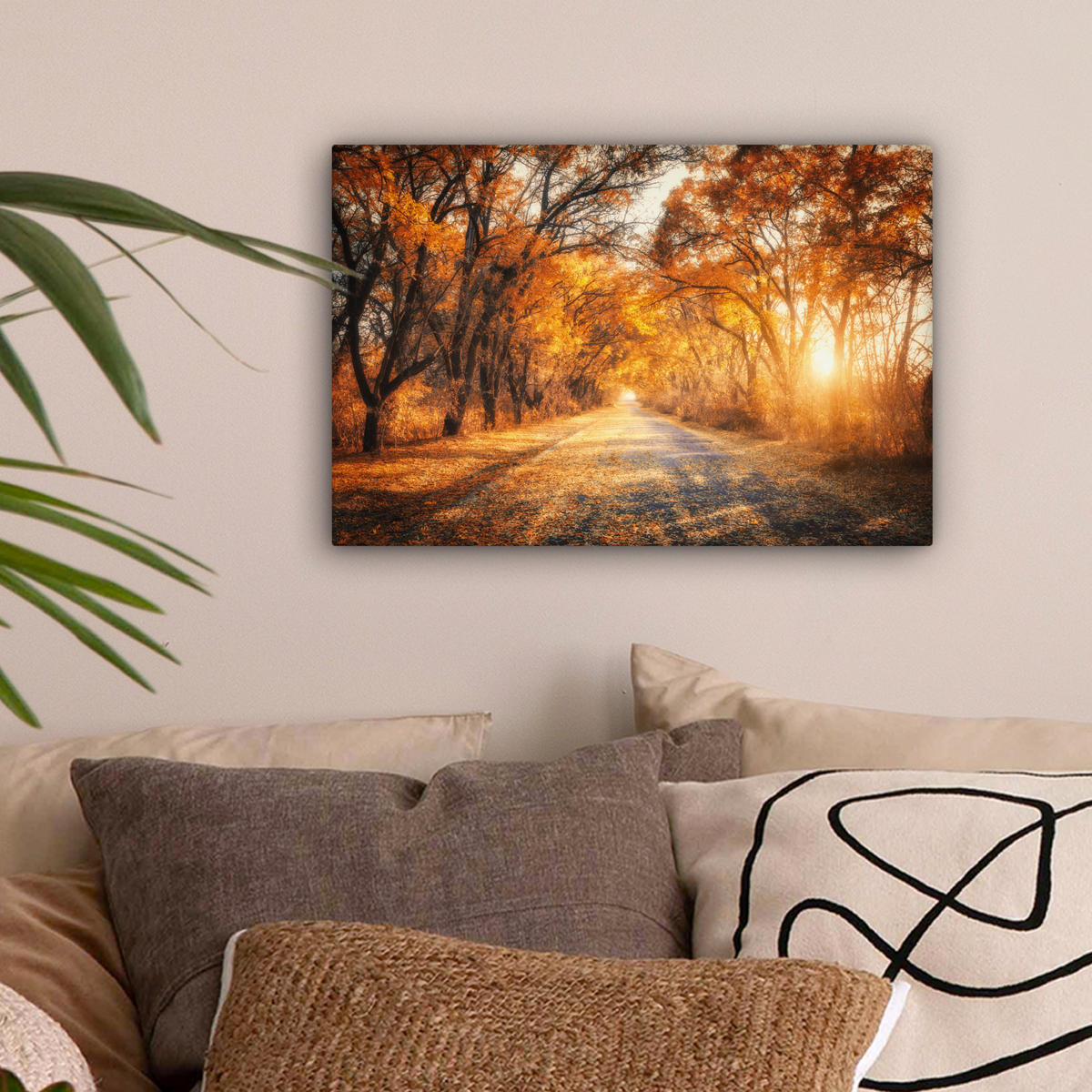 LEINWANDBILD Wald - Herbst - Bäume - Waldweg - Natur 30x20 cm - Bernsteinfarben, Textil (30/20cm) - MuchoWow