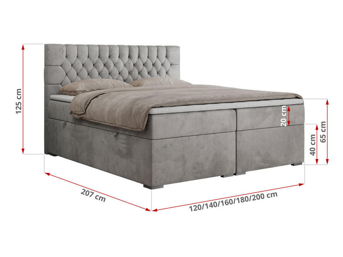 BOXBETT PERA 160/200 Hellgrau Velvet - H4 - Hellgrau, Holz/Textil (160/200cm) - MKS