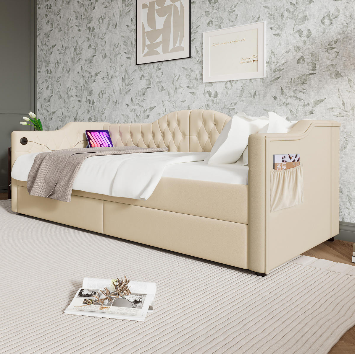 POLSTERBETT aus Samt 90x200 cm in Beige mit USB, Type-C & 2 Schubladen - Beige, Textil (90/200cm) - Modfu