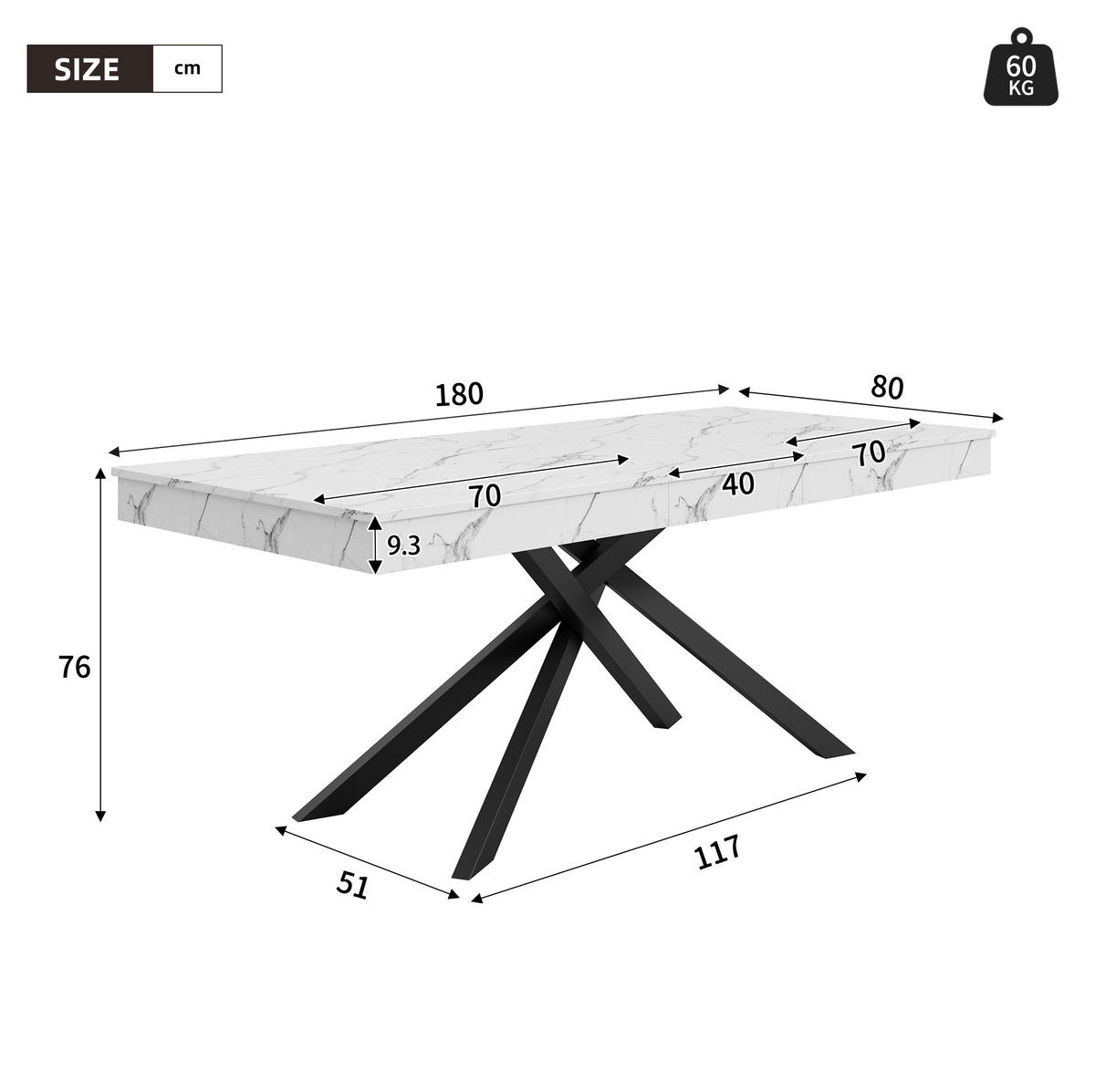 ESSTISCH ausziehbar 140-180 x 80 cm MDF Weiß - Weiß, Metall (180/80/76cm) - Meubliv