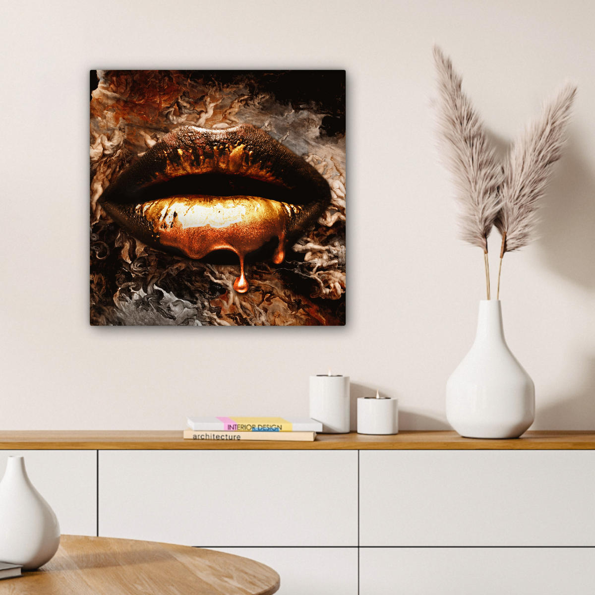 LEINWANDBILD Gold - Lippen - Kunst - Gold - Luxus - Abstrakt Wandbild Wohnzimmer 50x50 cm - Kupferfarben, Textil (50/50cm) - MuchoWow