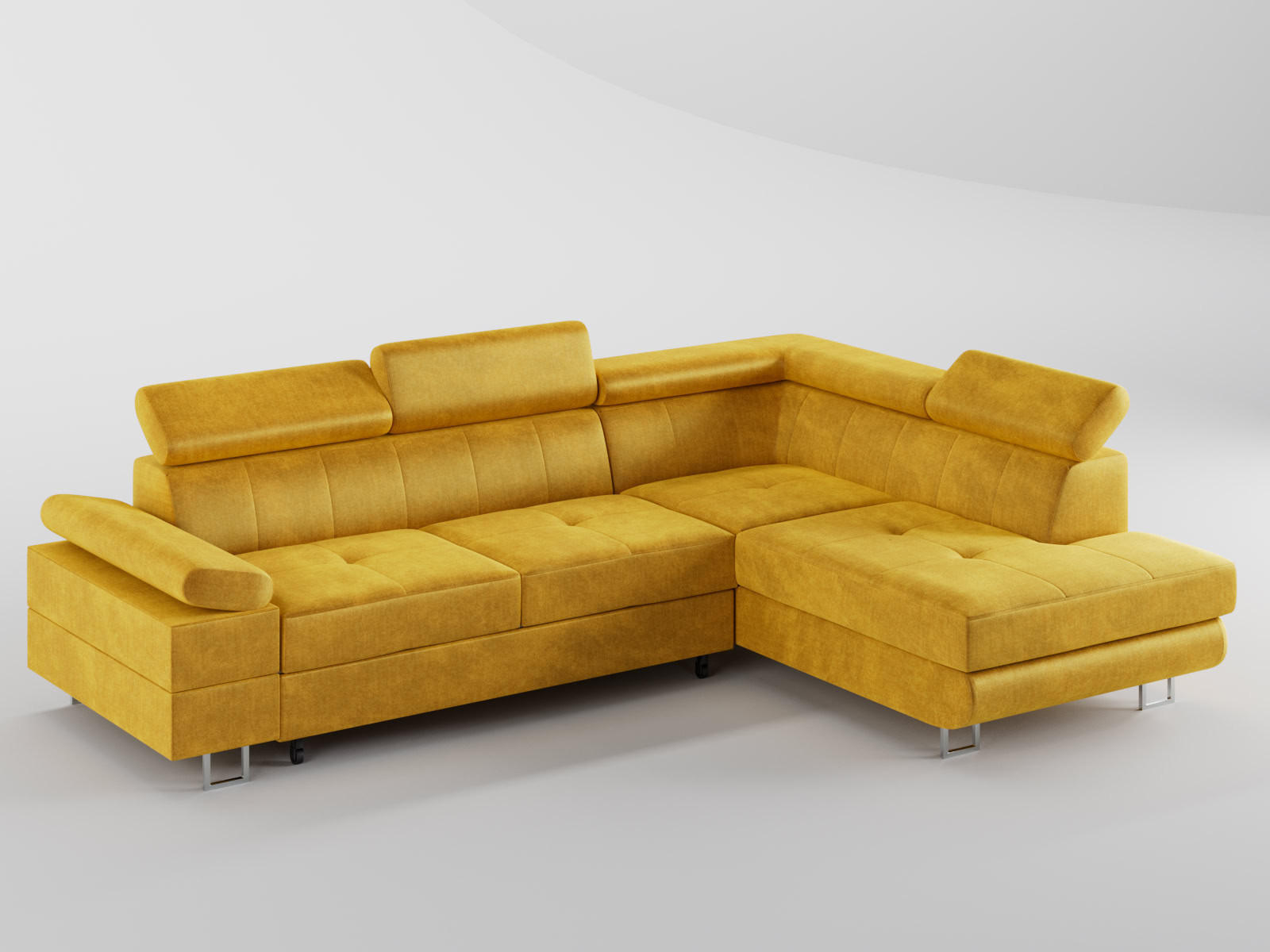 ECKSOFA CAROLINE Rechts Gelb Velours-Stoff mit Schlaffunktion und Bettkasten - Chromfarben/Gelb, Textil (253/190cm) - Barchello