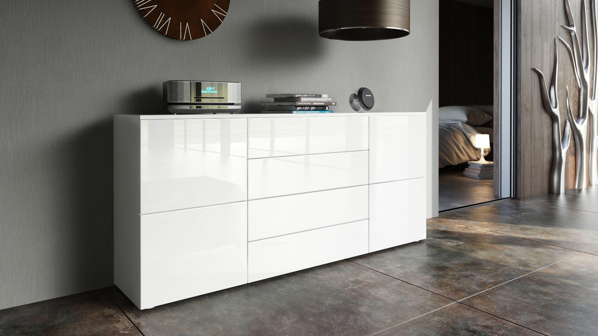 SIDEBOARD Rova Weiß Hochglanz / Weiß Hochglanz - Weiß Hochglanz, Holzwerkstoff (166/72/35cm) - Vladon