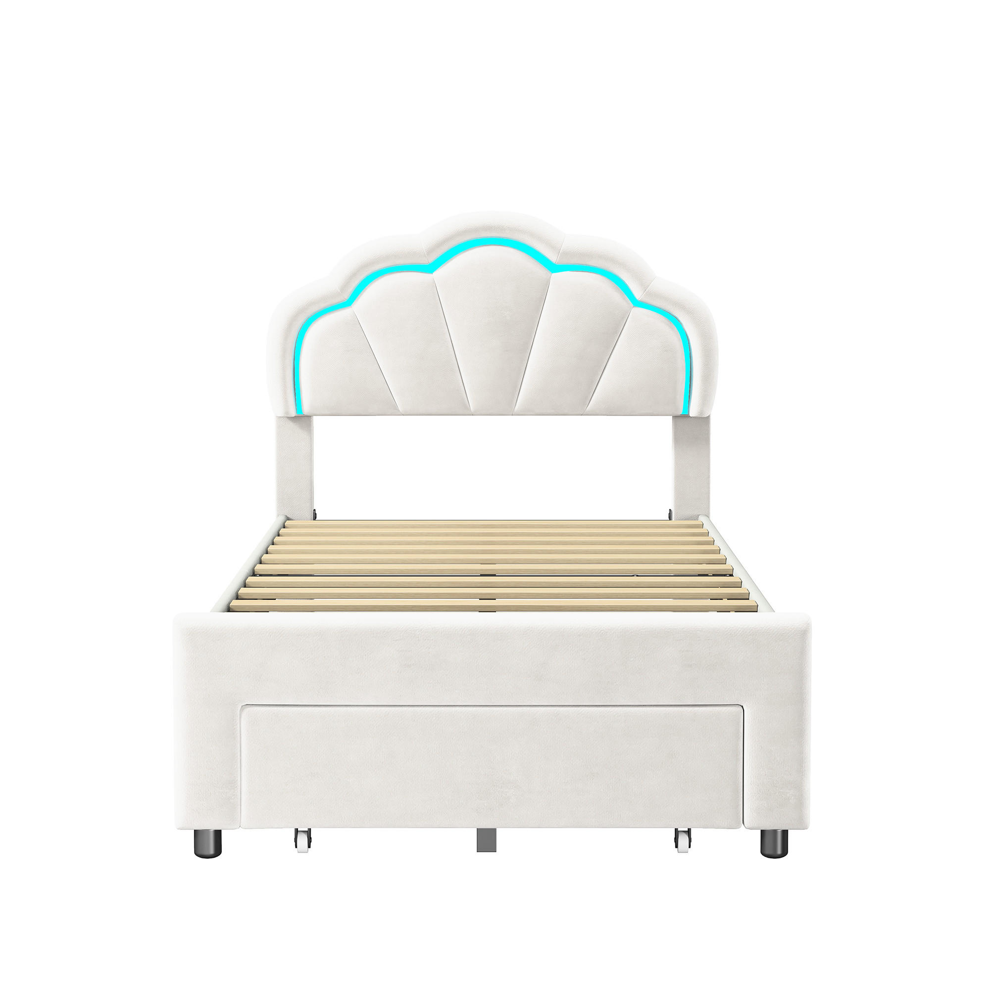 POLSTERBETT 90x200 cm LED Schubladen Lattenrost Samt weiß - Weiß, Holz (90/200cm) - LEBENLANG