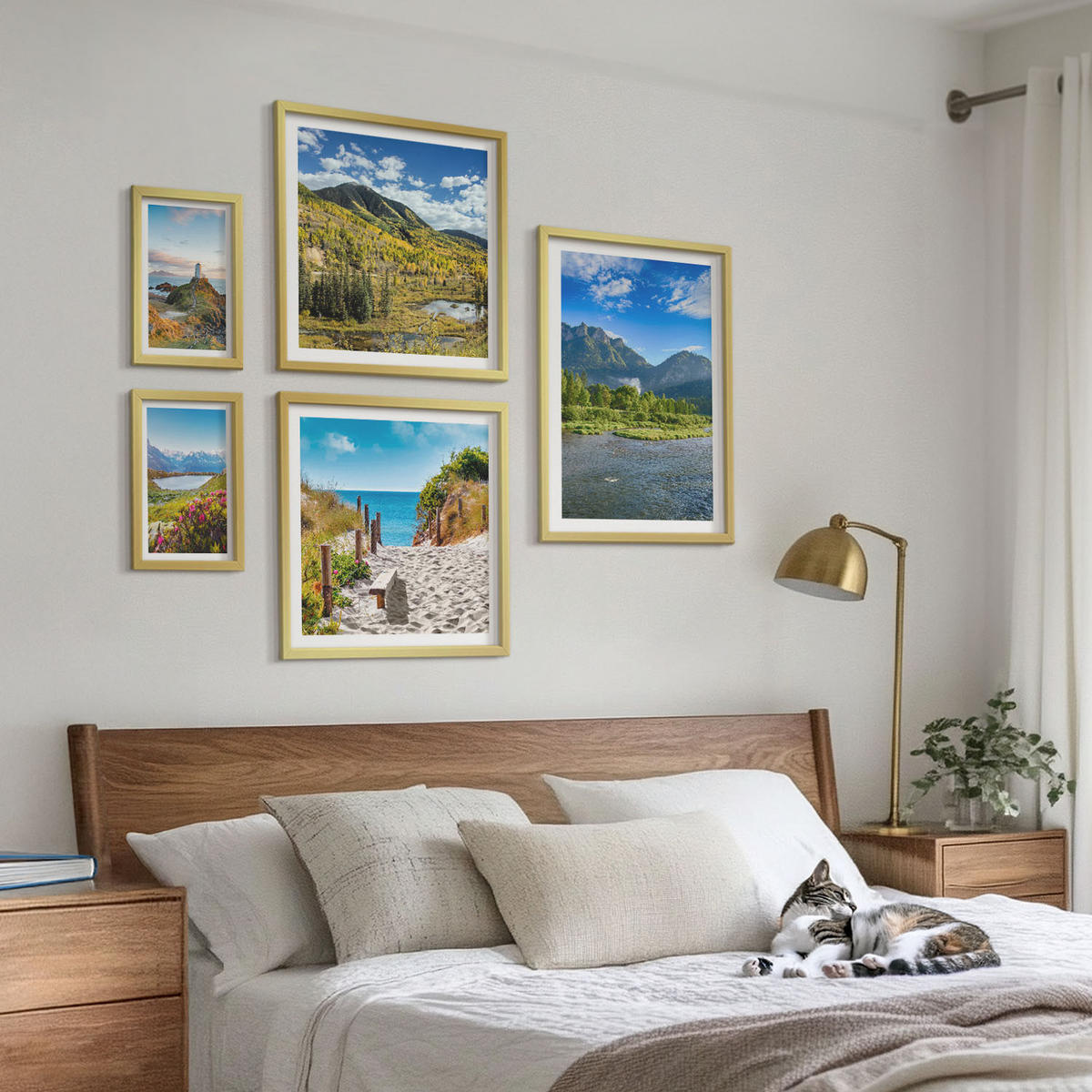 WANDBILDER 5er Set - 50x50 cm & 20x30 cm & 40x60 cm Goldrahmen - See, Brücken, Berge - Goldfarben, Kunststoff (40/60cm) - ArtPrintCave