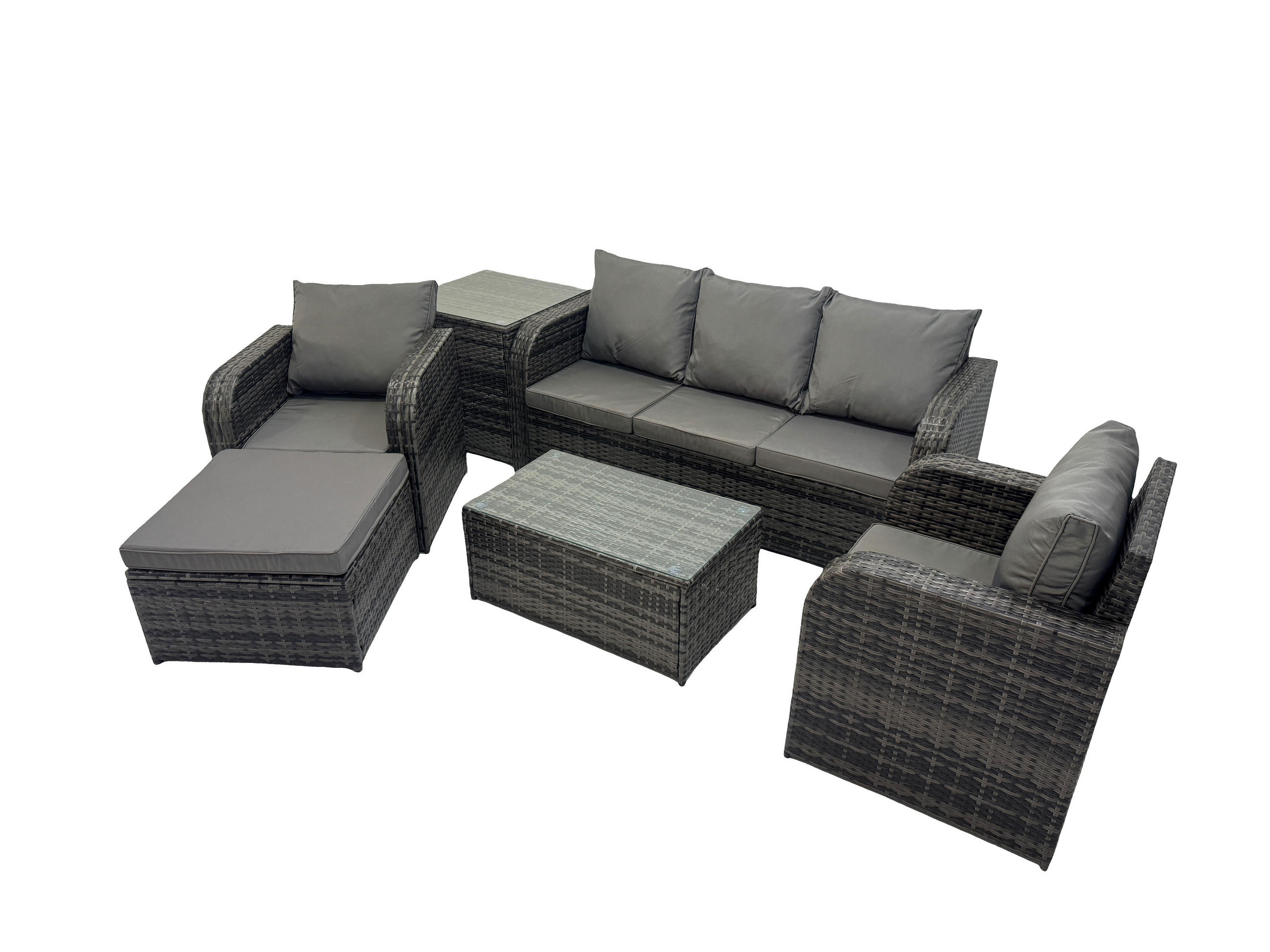 GARTENMÖBELSET mit Couchtisch Polyrattan 6-Sitzer - Dunkelgrau/Grau, Glas/Kunststoff - Fimous