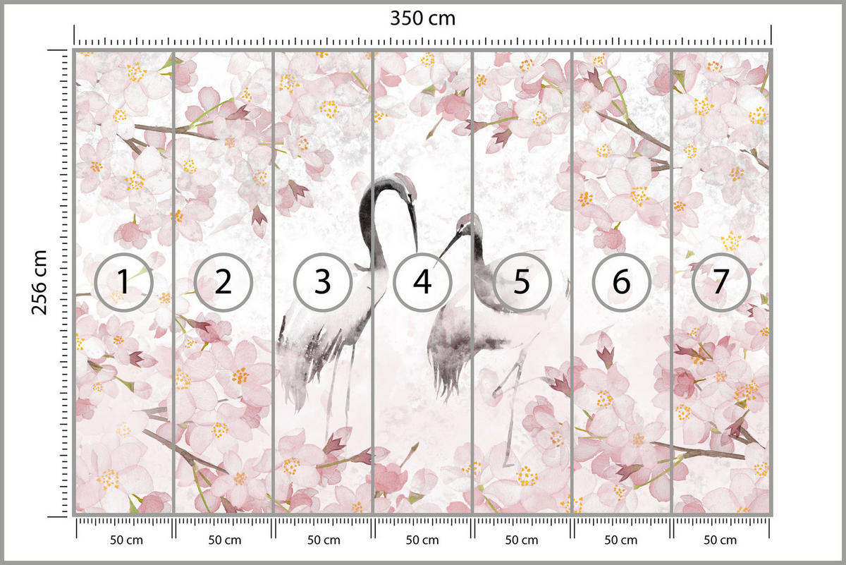 FOTOTAPETE Kraniche Kirschblüten Natur Aquarell 350x256 - Beige/Schwarz, Papier (350/256cm) - Muralo