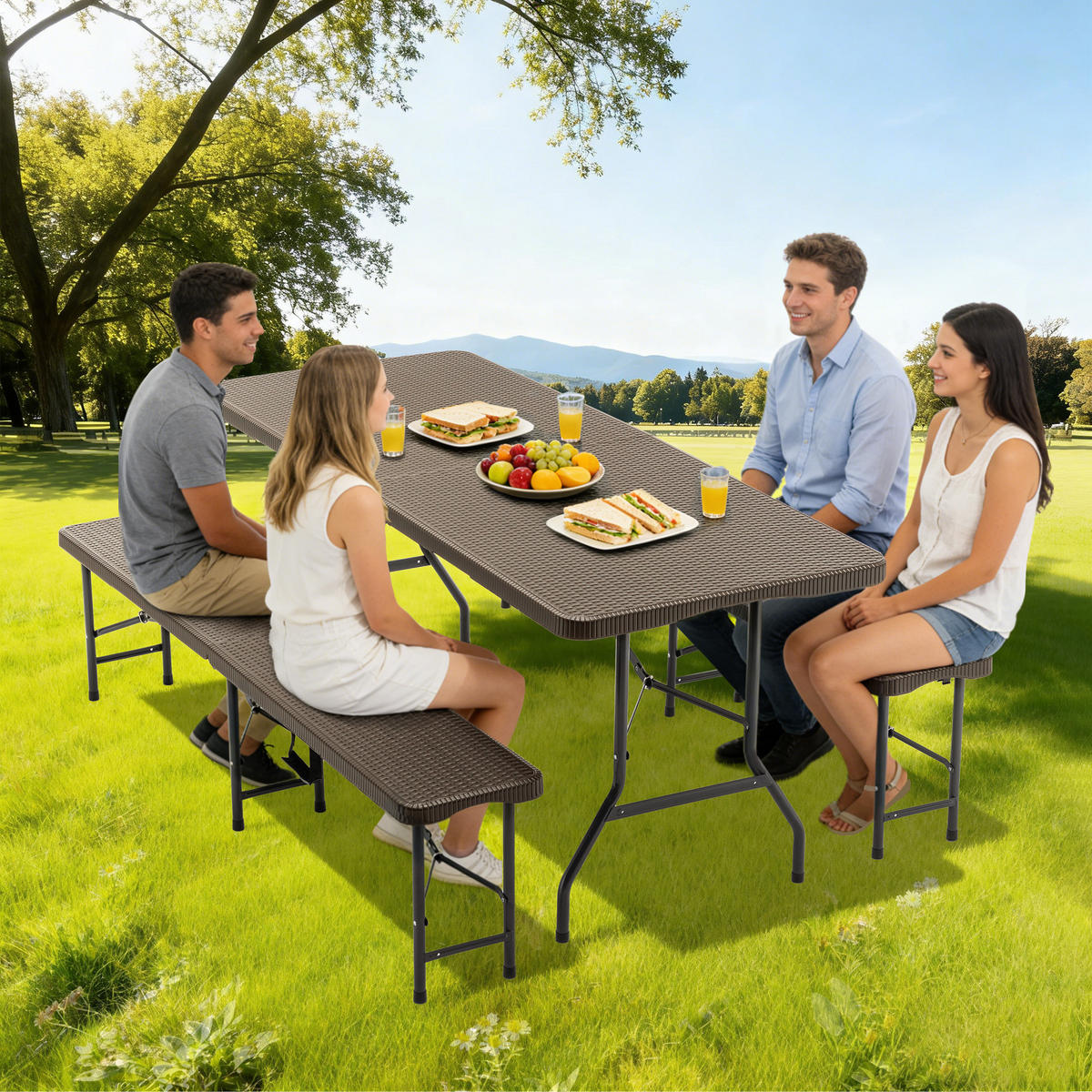 GARTENMÖBEL,1 Tisch+2 Bänke,braun - Braun, Kunststoff - Vallsero