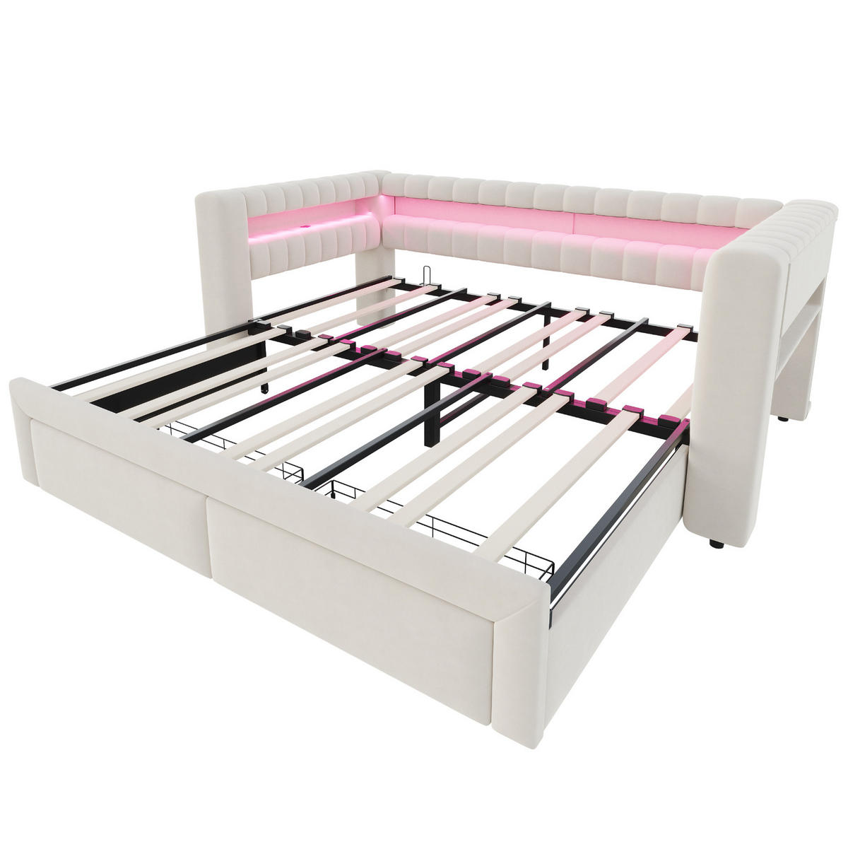 ČALOUNĚNÁ rozkládací postel 90/190 cm s výsuvným lůžkem, úložným prostorem, LED a USB/USB-C, Béžová - béžová, textil (90/190cm) - Redom