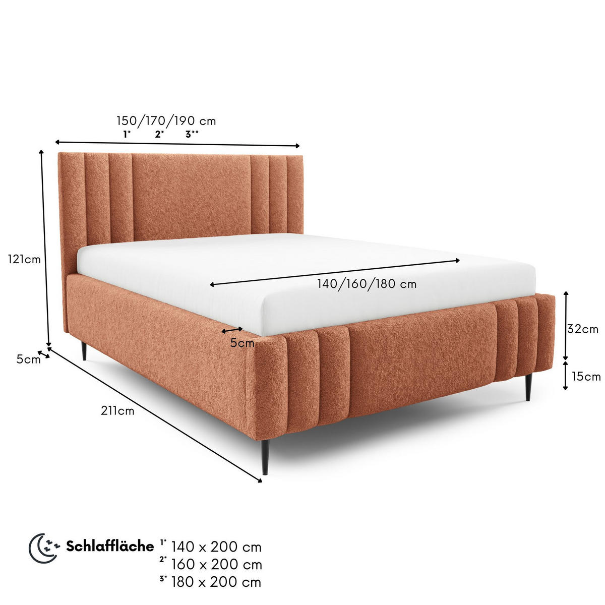 POLSTERBETT RIVIO LEG mit Beinen Bettkasten Lattenrost 160x200 Orange - Orange, Holz (160/200cm) - Furnistar