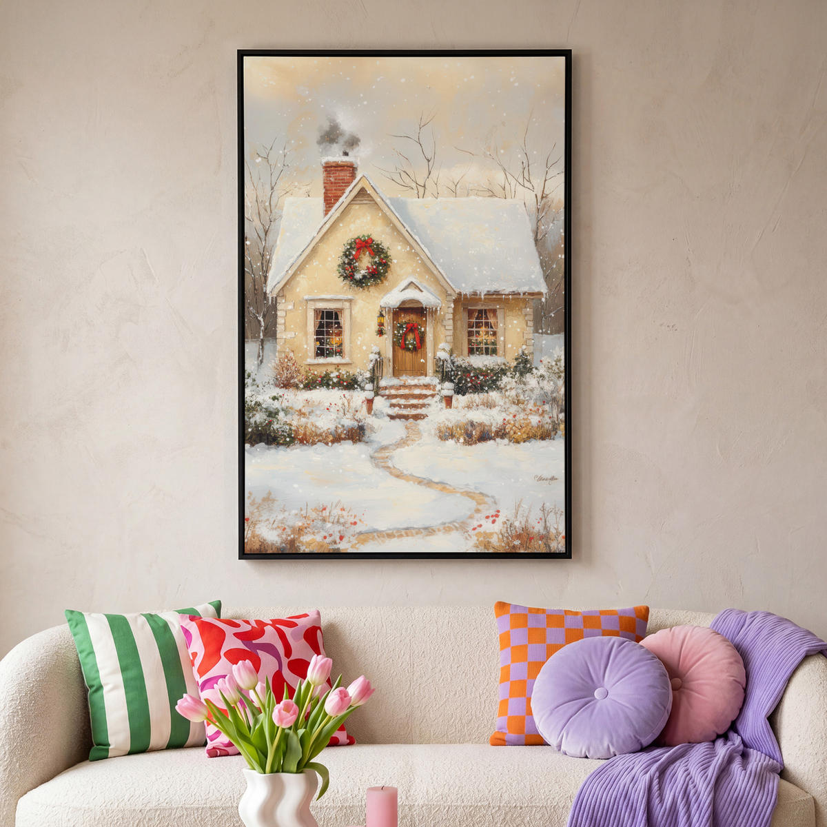 LEINWAND Bilder mit Rahmen - Weihnachten - Zuhause - Winter - Schnee - 90x140 - Creme, Textil (90/140cm) - MuchoWow