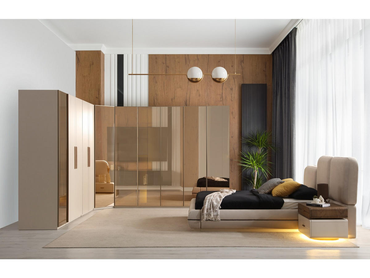 BETTANLAGE Valenica Typ-1 Bett mit Kopfteil 2 Nachttischen Kommode und Kleiderschrank - Beige, Holzwerkstoff (160/200cm)
