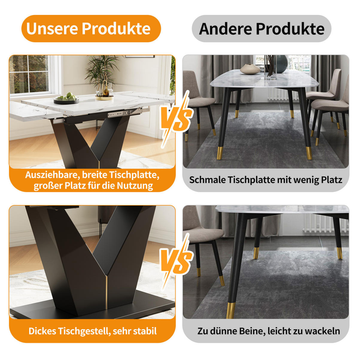 ESSTISCH aus MDF und Metall 99-159x75x75 cm Weiß/Schwarz ausziehbar mit Marmordekor und V-förmigen Beinen - Weiß, Holzwerkstoff (99/75/75cm) - Modfu