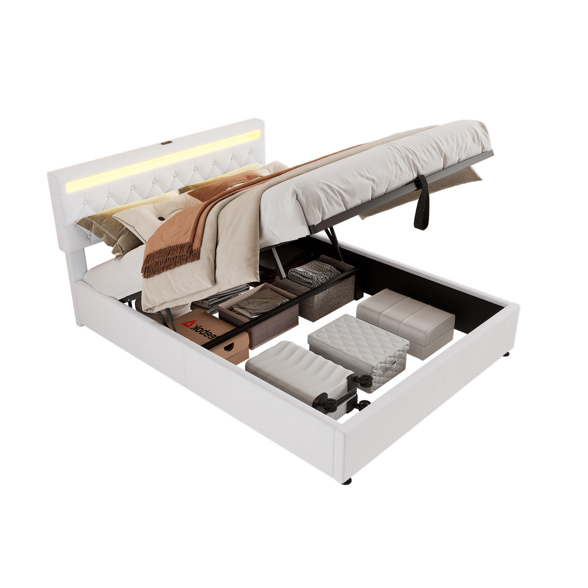 POLSTERBETT 160/200 cm Weiß mit LED-Beleuchtung und hydraulischem Stauraum - Weiß, Textil (160/200cm) - OKWISH