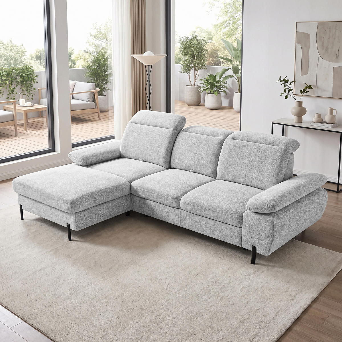 ECKSCHLAFSOFA Sora Mini mit verstellbaren Kopfstützen und Schlaffunktion, Chenille-Stoff, Hellgrau, Links - Hellgrau/Schwarz, Textil (285/190cm) - Beautysofa
