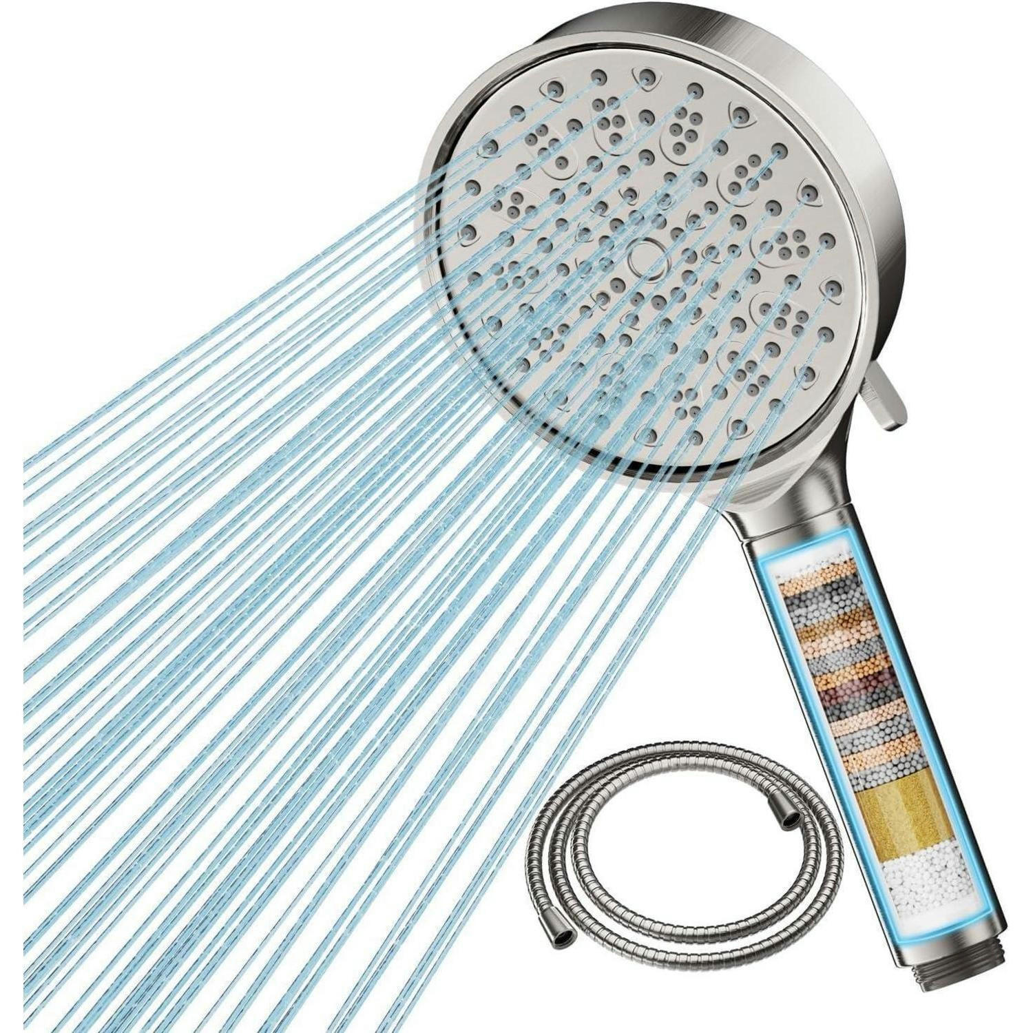 HANDBRAUSE mit Filter und Schlauch, 6 Strahlarten, Hochdruck, Wassersparend, Brushed Nickel - Silberfarben, Metall (16.5/12.7/28cm)